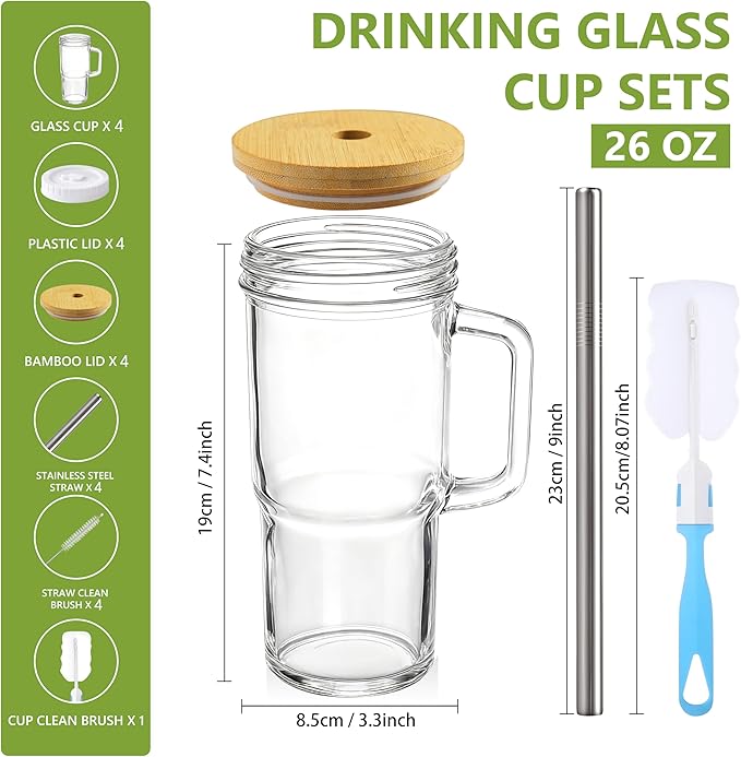 Birity Glass Cups with Lids and Straws,24oz Glass Tumbler With Handle,4 Pack Reusable Iced Coffee Cup with Lids-Mason Jar with Lid and Straw,Boba Cup for Cold & Hot Drinks,Smoothies Cup,Travel Mug