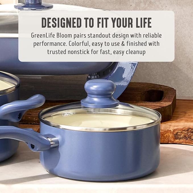 GreenLife 2QT Ceramic Nonstick Saucepan with Lid, Slate Blue | PFAS-Free Ceramic Nonstick Coating, Soup Pot, Induction Ready, All Stovetop Compatible, Stay-Cool Handles, Dishwasher Safe