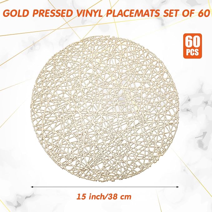 Sieral 60 Packs Round Placemats 15 Inch Hollow Out Pressed Vinyl,Gold | Heat Resistant Woven Texture, Easy Clean for Christmas Dinner Party, Wedding Holiday Centerpiece Dining Table Decor