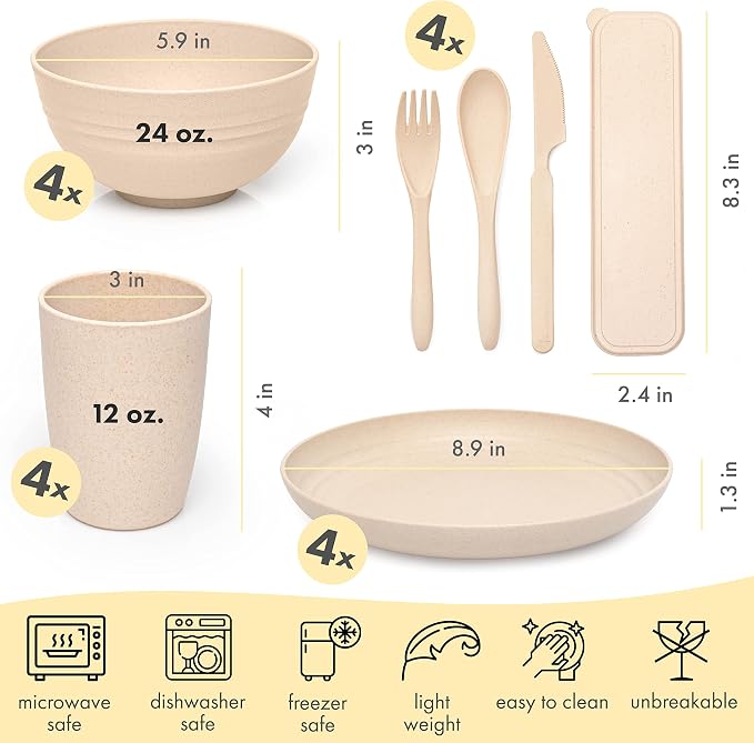 FOODLE Wheat Straw Dinnerware Set - Picnic, Camping Plates Cups and Bowls | BPA-Free & Safety Tested - Microwave & Dishwasher Safe - College Dorm Unbreakable Dishes - Great for Kids & Adults - For 4