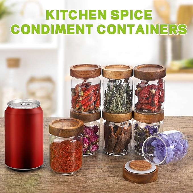 5 oz Glass Spice Jar with Acacia Wood Lid 8 pcs,Small Coffee Sugar Herb Container Food Storage Canisters Bottle for Candy Kitchen Seasoning Tea Overnight Oats Bar Snacks (8 * 150ml(5oz))