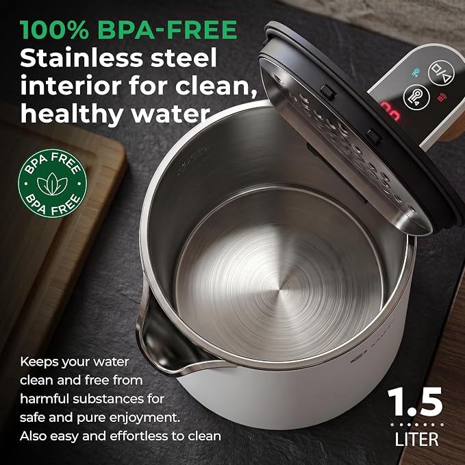 BALTER Electric Kettle with Temperature control, 113 °F – 212 °F, Tea pot, Stainless steel, double wall water kettle, BPA-free, quiet tea kettle, 1.5 L, 2200 W, White
