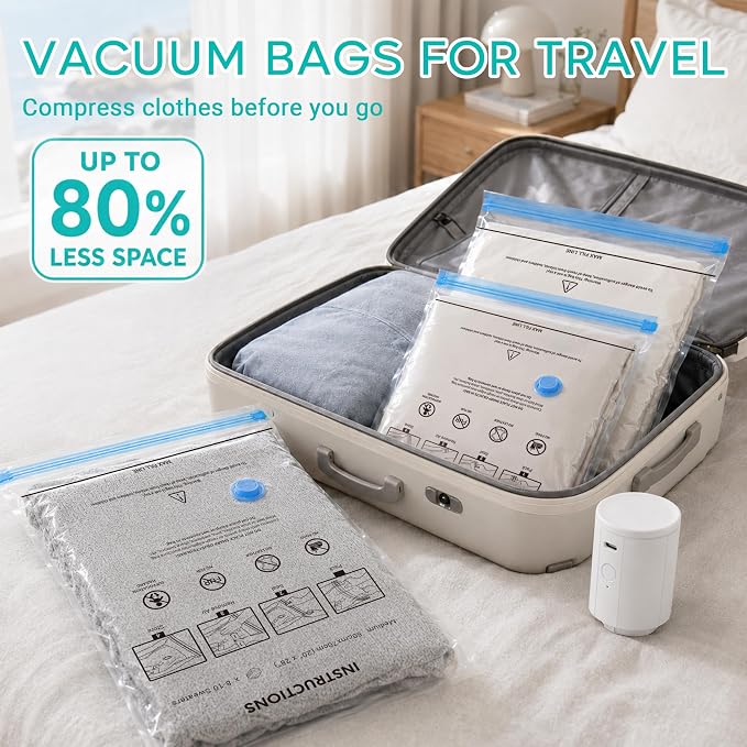 Travel Vacuum Bags with Pump, 80% Space Saver Vacuum Seal Bags for Clothing Travel, 12 Pack Vacuum Sealer Bag with Rechargeable Cordless Pump Set for Luggage, Clothes & Traveling (4L/4M/4S)