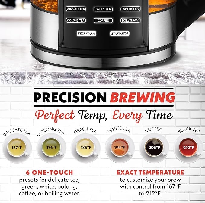Gourmia Electric Glass Kettle – 1.7L Programmable Tea & Coffee Brewer with Digital Touch Display, 6 Presets, Removable Stainless Steel Infuser, Cordless with 360° Swivel Base, Black