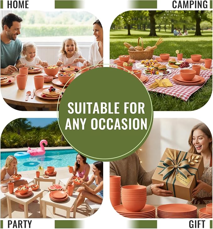 Wheat Straw Dinnerware Sets for 8, 40 Piece Unbreakable Dinnerware Set, Plates and Bowls Sets, Kitchen Plates and Bowls Set, Lightweight Dish Set for Home, Camping, and Everyday Use- Orange