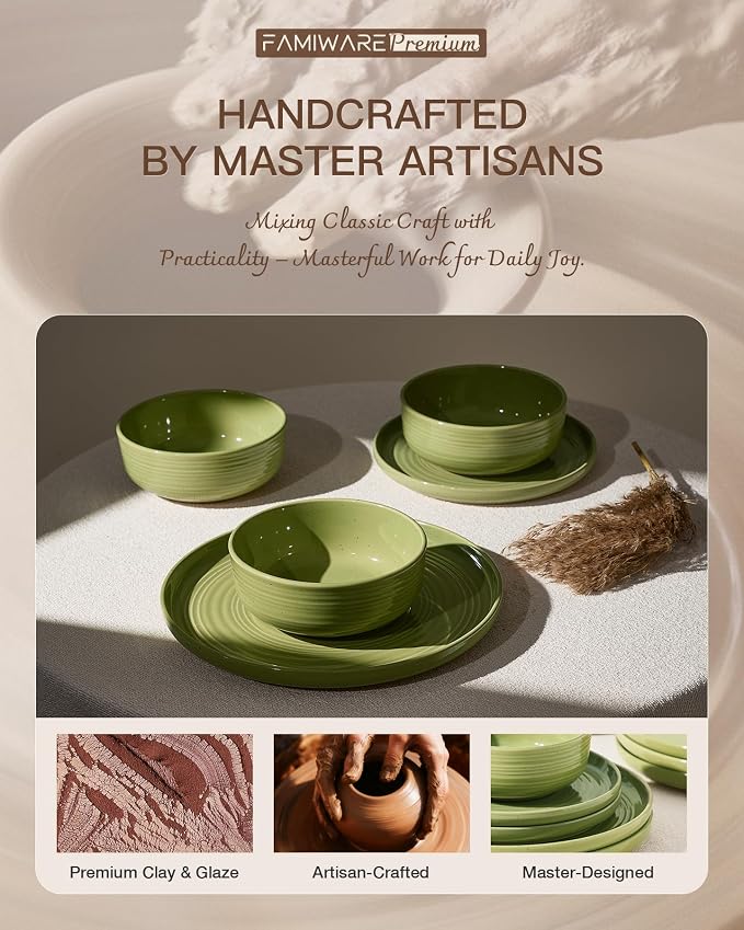 Dinnerware Sest for 8, Ceramic Plates & Bowls, Olive Green | 24-Piece Ceramic Speckled Spiral Dishes, Chip & Scratch Resistant, Microwave & Dishwasher Safe, Everyday Use, Farmhouse Style