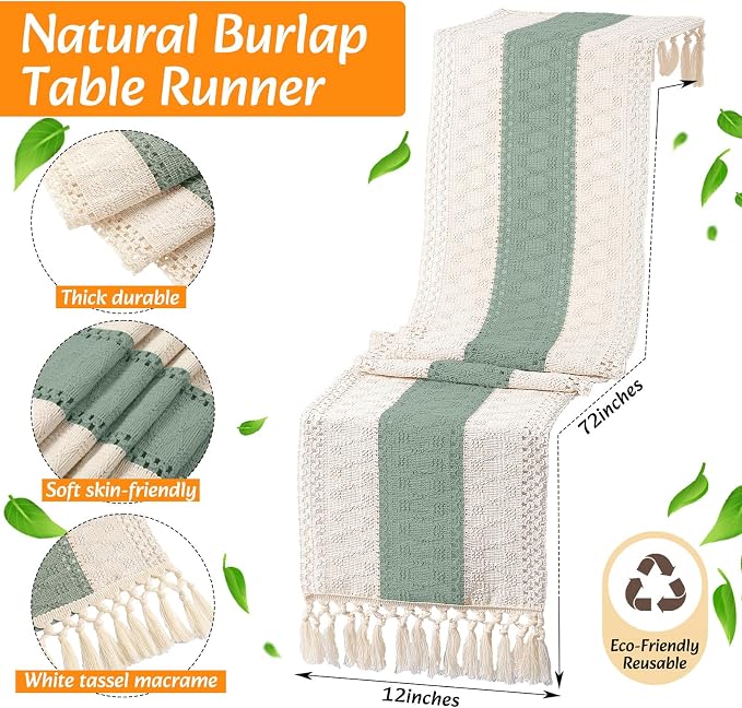6 Sets Boho Decoration Placemats Round Woven Placemats, Cloth Napkins, Wood Bead Napkin Rings, Long Table Runner and Farmhouse Burlap Cotton for Table Kitchen (Green,12x72)