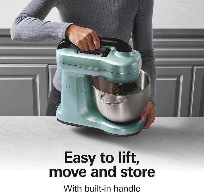Hamilton Beach 4 Qt Electric Stand Mixer With 7 Speeds, Easy-Carry Handle | Planetary Mixing For Full Bowl Coverage | Splash Guard | 300 Watts | Whisk, Flat Beater, Dough Hook | Mixing Guide | Aqua