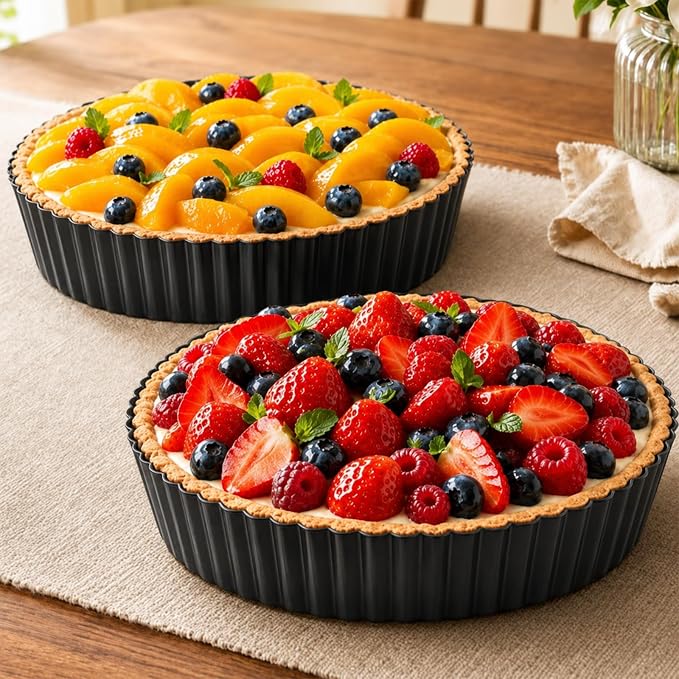 9.45*2.2 Inch Quiche Pans 2 Pack. Removable Bottom, Non-Stick Coating, Rugged Carbon Steel Baking Dish for Tart Quiche Pie. Metal Mold Gift for Women Wife Christmas Thanksgiving Party Festival