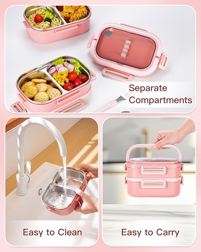 Lille Home Stackable Stainless Steel Bento Lunch Box + Insert Cutlery, 56oz | 2 Tier Leakproof Metal Lunch Boxes, 4-Compartment Food Containers for Work, Picnic, Meal Prep & Portion Control (Pink)