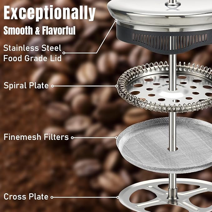 KYZ Glass French Press Coffee Maker, 20 fl oz Carafe, Stainless Steel Mesh | Four-stage filtration filters grounds; borosilicate glass handles -20°C to 150°C for coffee, cold brew and loose leaf tea