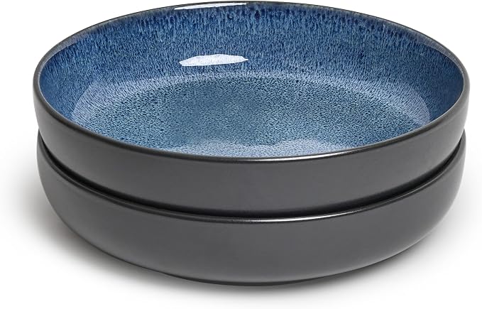 Sango Resona Blue & Black Large Serving Bowl (Set of 2), 64.25 oz, 10" Stoneware Bowls for Pasta, Salad & Dinner, Ceramic Bowls for Entertaining with Glossy Reactive Glaze, Dishwasher & Microwave Safe