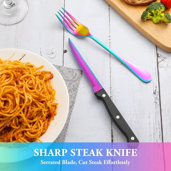 24 Pcs Rainbow Silverware Set with Steak Knives, Stainless Steel Flatware Cutlery Set for 4, Kitchen Tableware Sets, Utensil Sets for Home and Restaurant, Dishwasher Safe