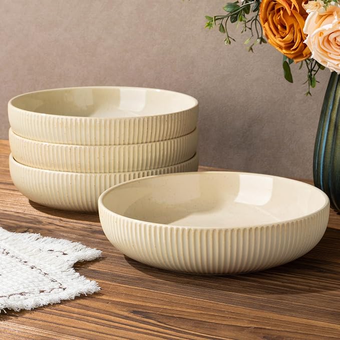 8.5" Ceramic Pasta Bowls Set of 4, Salad Bowls | Versatile Serving Bowls for Pasta, Salad, Fruit & Noodles, Housewarming & Wedding Gift, Cappuccino