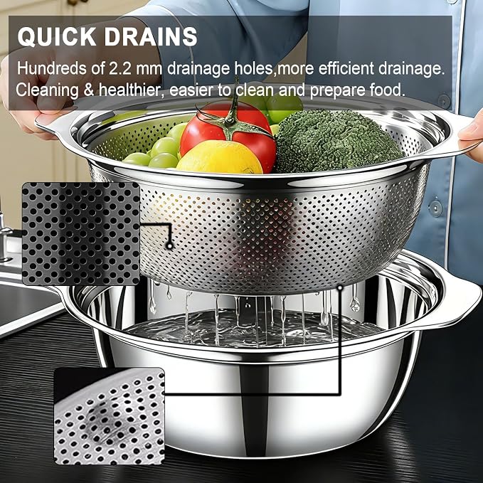 Stainless Steel Colander, 2.5 QT 9.85 Inch Colander for Kitchen with Handle | 304 Strainers and Colanders, Rice Strainer with Mixing & Washing Bowl for Washing Vegetables, Fruits, Rice and Pasta