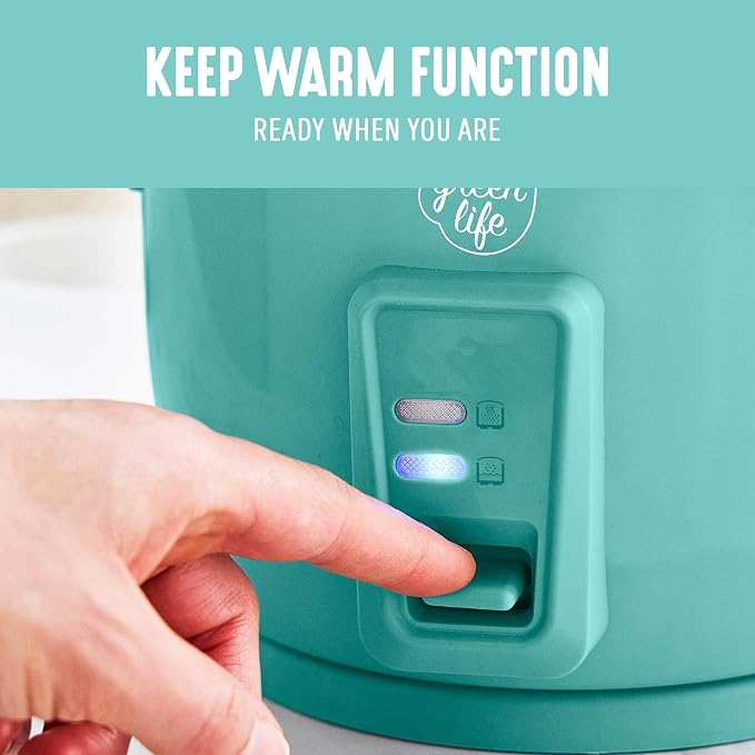 GreenLife Rice Cooker, 3-Cups Uncooked/6-Cups Cooked, Turquoise | PFAS-Free Ceramic Nonstick Removable Pot, One-Switch Design, Grains Multicooker, Keep Warm, Dishwasher Safe Parts, Easy Clean