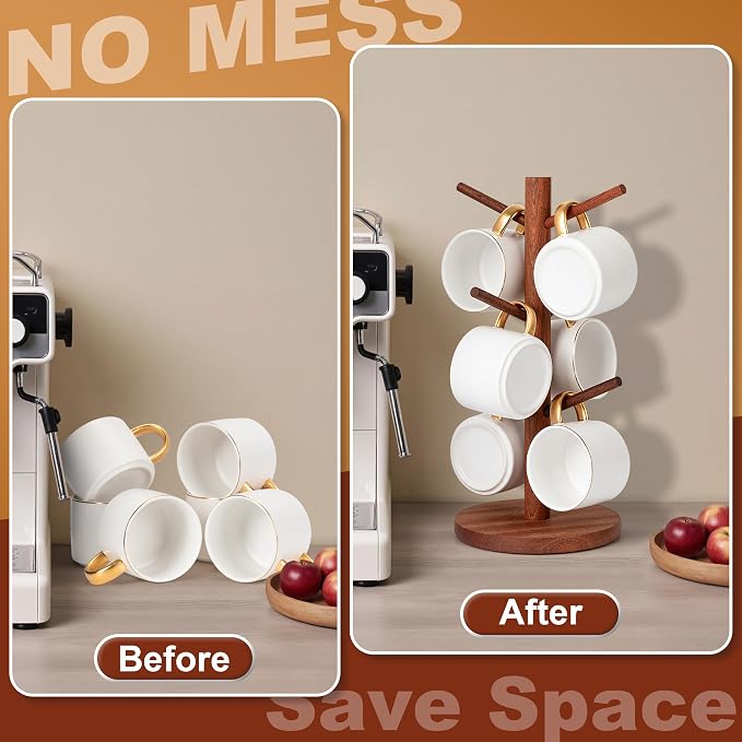 MyLifeUNIT Mug Holder Tree, Coffee Cup Holder with 6 Hooks (Reddish Brown) | Anti-slip padded bottom, space-saving compact design, easy air drying, sturdy tip-resistant structure