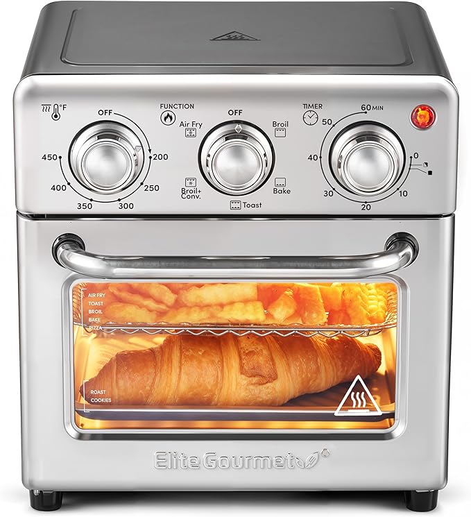Elite Gourmet Compact Mini Air Fryer Oven, 8.5Qt, 800W, Stainless Steel | Adjustable Time & Temperature Controls - Includes Air Fry Basket, Bake Pan & Recipes - Great for Countertop Use