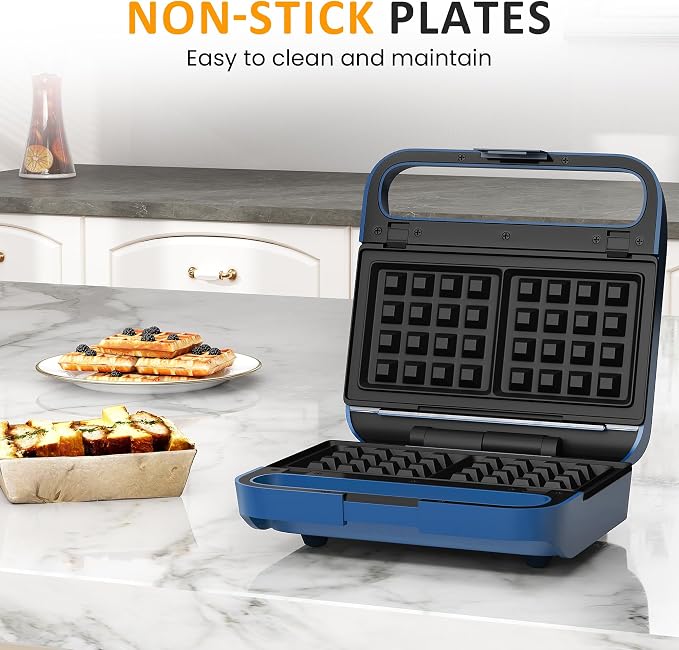 3 in 1 Electric Sandwich Maker with Removable Nonstick Plates - 850W,Blue | for Belgian Waffle/Panini/Grill/Pancake Griddle/Breakfast,Dishwasher Safe,Cool Touch Handle,Easy to Clean & Store