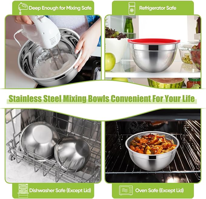 P&P CHEF Metal Mixing Bowls with Lids Set, Airtight Lids & Red | 5 PCS Stainless Steel Mixing Nesting Bowls for Kitchen Prepping, Storing, Healthy & Easy Clean, Size 4.6, 3, 1.5, 1, 0.7 QT
