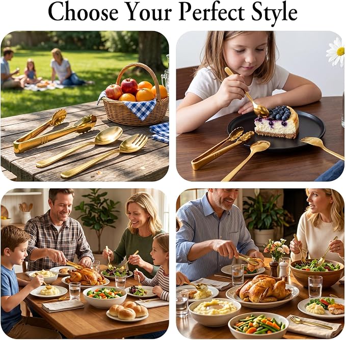 24 Pcs Gold Plastic Serving Utensils Set - Heavy Duty Disposable Serving Spoons, Forks & Tongs (8 of Each) - BPA-Free Catering Supplies for Buffets, Parties, Weddings & Events