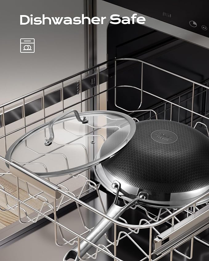 Wok Pan,12 Inch Hybrid Wok with Lid | Frying Pan Cookware, Stainless Steel Woks & Stir-fry Pans Nonstick, Dishwasher Safe, PFOA Free, Compatible with All Cooktops