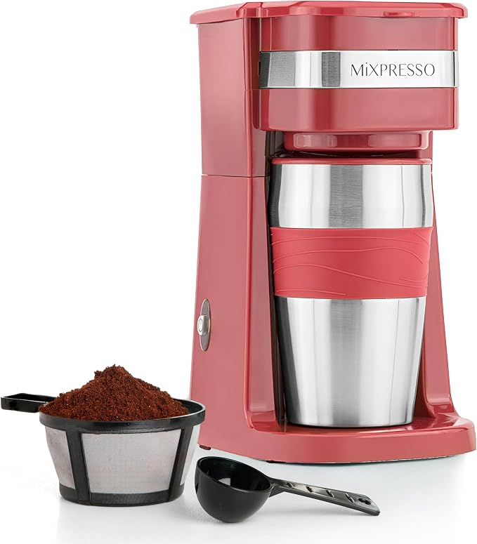 Mixpresso Single Serve & Single Cup Coffee Maker with 14oz Travel Mug Red | For ground coffee only, reusable filter, auto shut off. Compact personal drip coffee maker, not compatible with K-Cup pods.