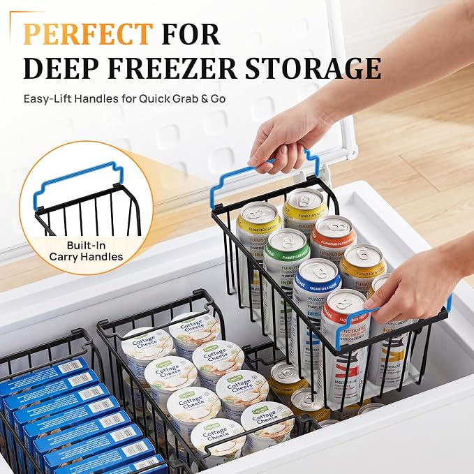 SUNALLY Stackable Storage Bins 4 Pcs Wire Baskets Freezer Organizer, Black | Pantry Organizers Storage, Vegetable Fruit Storage Basket for Countertop, Kitchen Baskets for Onion Potato Snack Cans Storage