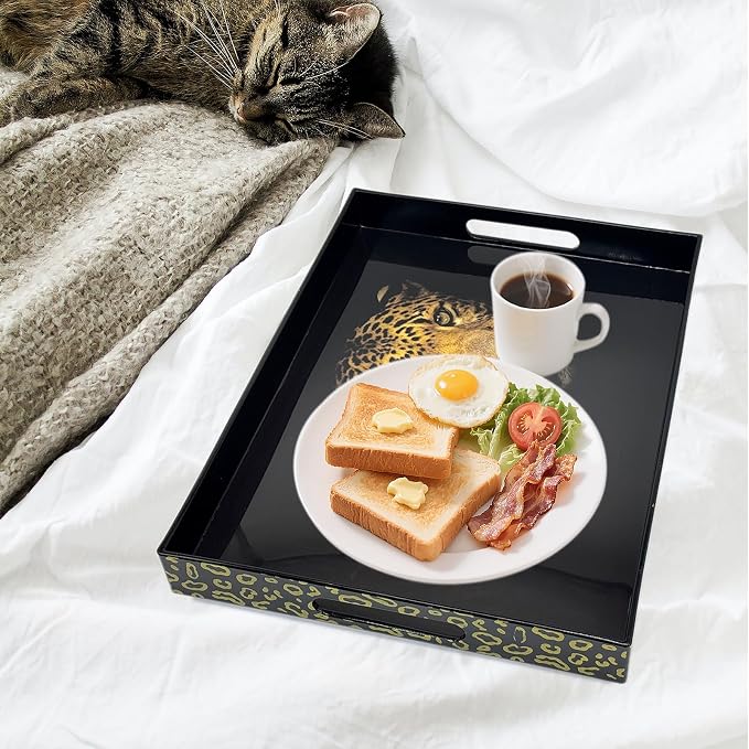 Serving Tray with Handles, 15.7 * 11.8 inches, Plastic Ottoman Tray with Exquisite Paintings, Trays for Coffee Table