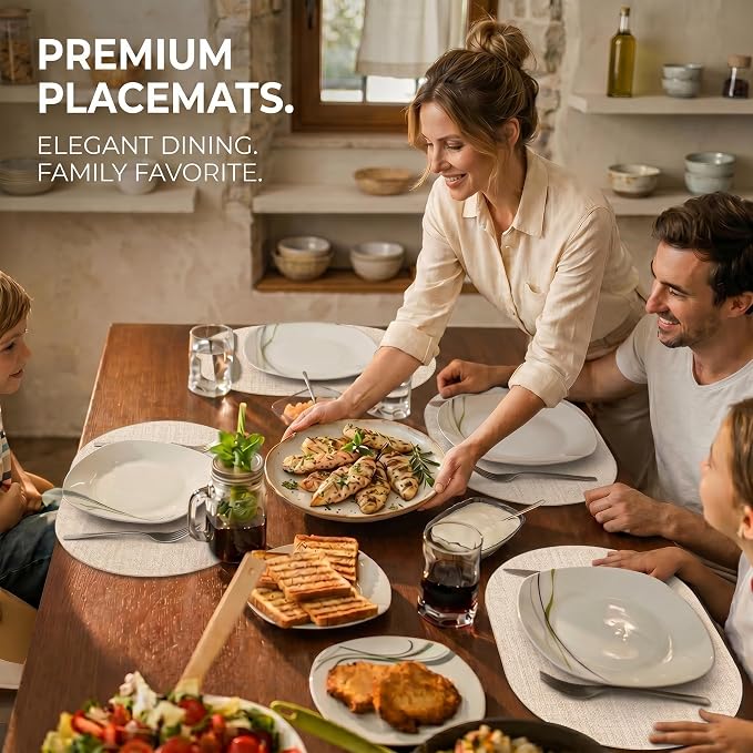 Faux Leather Placemats Set of 6, Wipeable Waterproof Stain Resistant Table Mats, Heat Resistant Thick Placemats with Hand-Painted Edges for Kitchen Dining, Imitative Linen Texture, Various Shapes