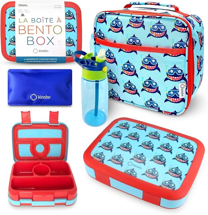 kinsho Bento Lunch Box Insulated Bag, Water Bottle & Ice Pack Set for Kids Toddlers, 4 Portion Sections, Removable Tray, Pre School Kid Toddler Daycare Lunches, Snack Container, Cute Blue Shark