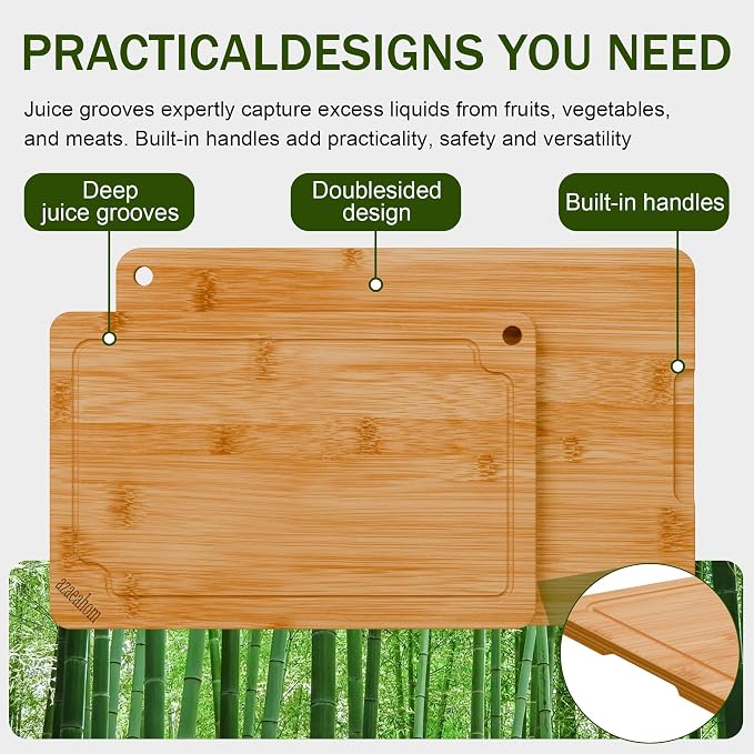 2-Piece Bamboo Cutting Board Set Serving Tray Juice GroovesHandles | Ideal for Meat Vegetables Fruit,Easy Storage & Quick Clean,Natural Wood Construction,Dual-Purpose as Serving Tray