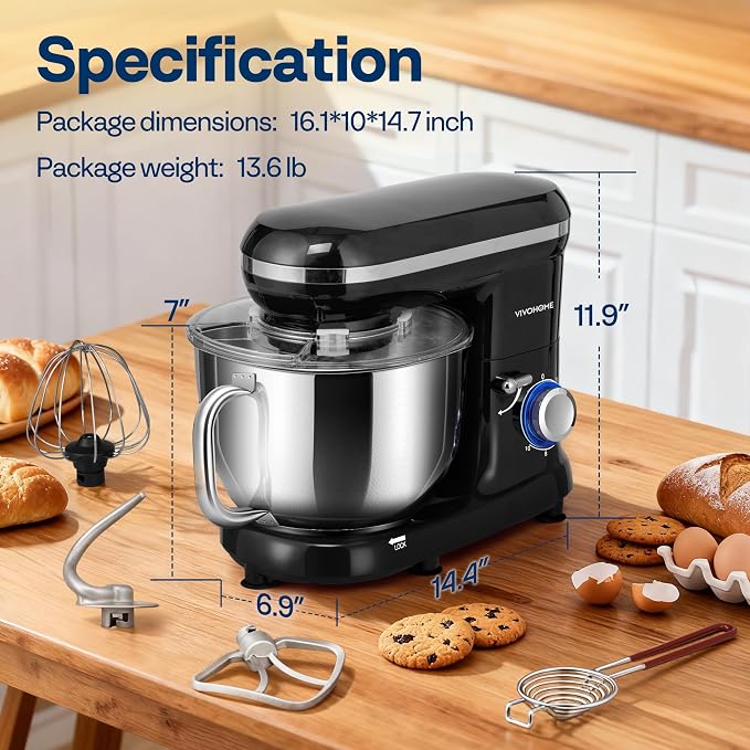 VIVOHOME Stand Mixer, 6-Quart Tilt-Head Kitchen Mixer with Bowl, Black | 10 Speeds, Dough Hook, Beater, Whisk, Splash Guard, Egg Separator, for Cake & Bread
