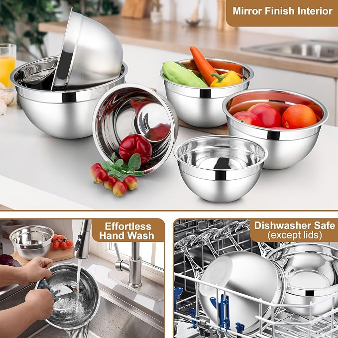 LIANYU 6 PCS Mixing Bowls with Visible Lid, Size 7, 3.5, 2.5, 2, 1.5, 1QT | Large Stainless Steel Nesting Bowl Set, Metal Kitchen Serving Bowls for Cooking, Baking, Freezer & Dishwasher Safe, Khaki