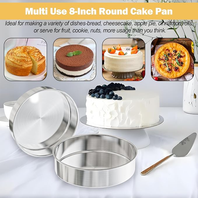 8 Inch Cake Pan Set of 2, Stainless Steel Baking Pans & 100 Parchment Paper | AWTBDP Nonstick Smash Circle Round Cake Pans Tins for Birthday Christmas Layer Cake, Healthy & Dishwasher Safe & Easy Clean
