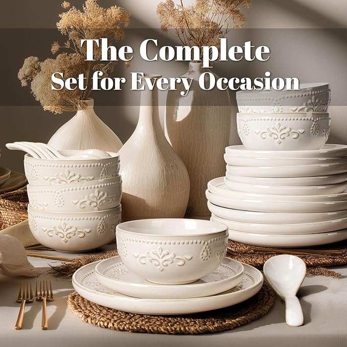 Plates And Bowls Sets, 24 Pieces Dinnerware Sets, Dish Set For 6, Ceramic Kitchen Bowl And Plate Set, Embossed White Dishware Sets, Dishwasher & Microwave Safe (Damask Floral)