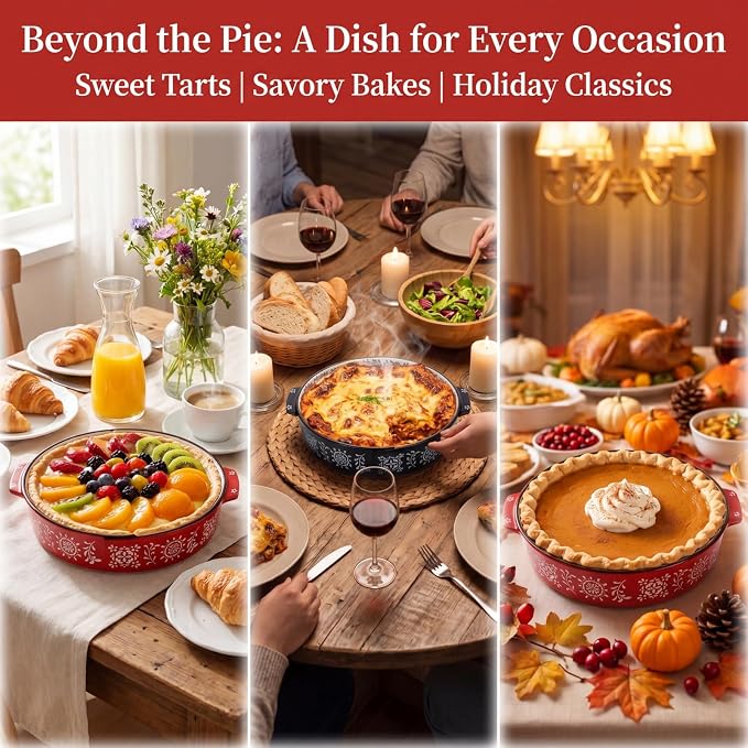 Covzoe 2 Pack Ceramic Pie Pan with Handle, 9 Inch Non-Stick Pie Plate | 44 Oz Deep Fluted Pie Dish for Baking, Pies, Quiche, Thanksgiving, Housewarming Gift, Microwave Dishwasher Safe