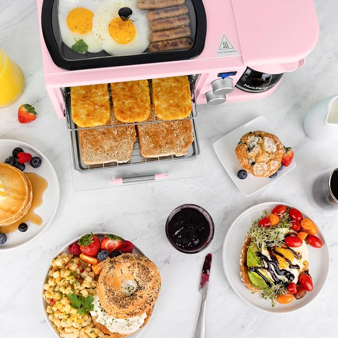 Nostalgia 3-in-1 Retro Breakfast Station - Includes 5 (4 Oz) Cup Coffee Maker, Non-Stick Ceramic Griddle, and 4-Slice Toaster Oven - Built-In Timer, Reusable Coffee Filter, Space-Saving Design - Pink
