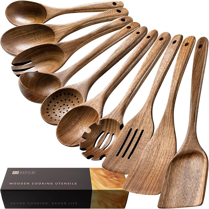 Wooden Spoons for Cooking, 10-Piece Acacia Wood Cooking Utensil Set | Spoons and spatulas stir, mix, flip and serve; balanced handles offer control while staying gentle on nonstick cookware.