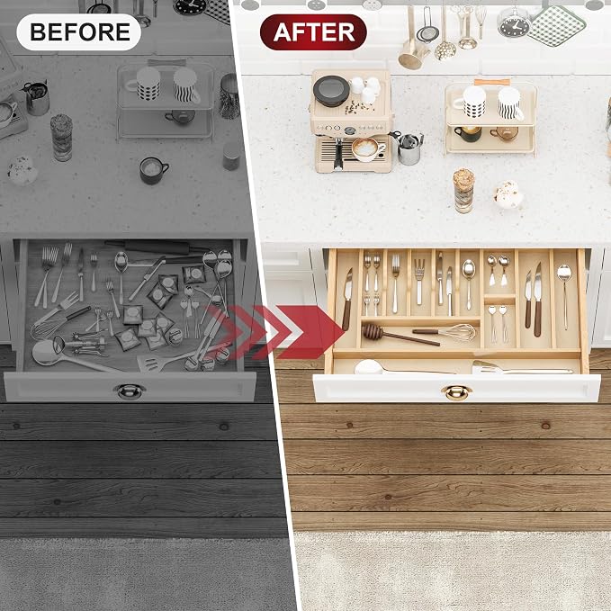 Clikuutory Natural Birch Wood Utensil Drawer Insert Organizer with 12 Compartments, Space-Saving Sturdy Drop-In Cutlery Divider Tray, Kitchen Cabinet Storage for Silverware, Spoons, Forks and Knives