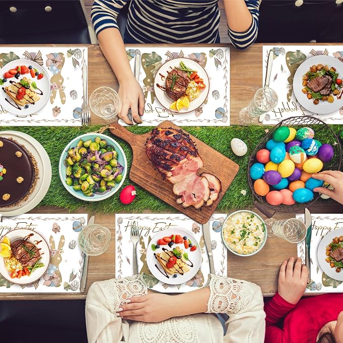 50 Pack Rabbits Eggs Happy Easter Placemats, Easter Theme Table Mats | 16x11 inch Bunny Disposable Placement Mats for Seasonal Holiday Kitchen Dining Table Decoration