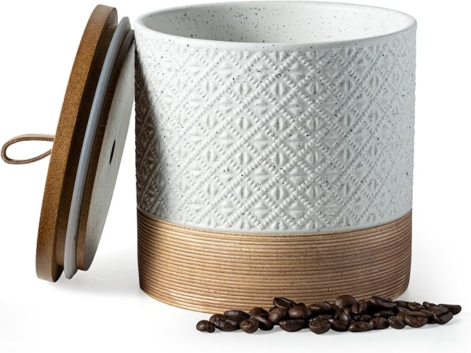 Miamolo Ceramic Coffee Container, Coffee Jar with Lid, White & 42 fl.oz | Coffee Canister Airtight for Kitchen Foode Storage, Sugar, Spice, Tea | Farmhouse Coffee Bar Accessories, Tidy Kitchen Pantry