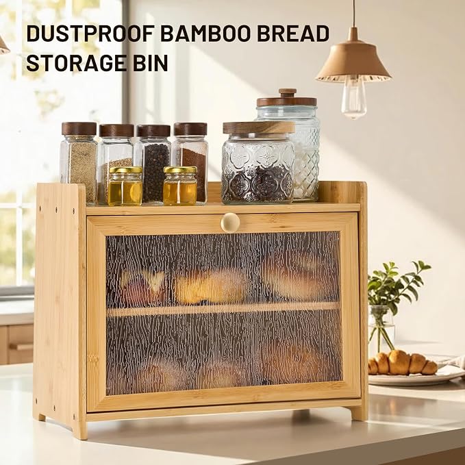 Bamboo Bread Box for Kitchen Countertop, 15.7x9.8x12.6 in, Wood Color | Double Layer Bread Box, Fluted Acrylic Doors, Farmhouse Bread Box for Homemade Bread, Loaves, Bagels, Muffins & Pastries