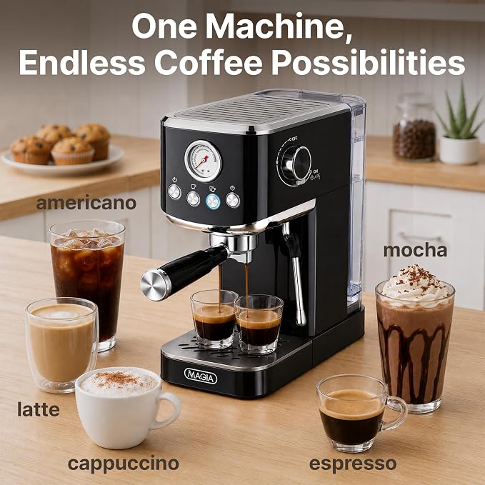 Zulay Kitchen Magia Compact Espresso Machine – 20 Bar Coffee Maker with Milk Frother Steam Wand, Latte & Cappuccino Maker, 1350W Fast Heating, 40oz Removable Water Tank, Stainless Steel – Black