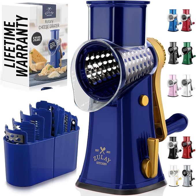 Zulay Kitchen Rotary Cheese Grater 5 Blade Cheese Shredder - Manual Hand Crank Cheese Grater With Reinforced Suction & 5 Interchangeable Drums - Easy to Use, Vegetable Chopper Round Mandoline Slicer