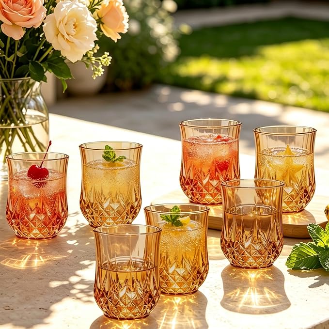 24 Pack 12 Oz Plastic Stemless Wine Glasses, Amber | Unbreakable, Reusable, Elegant Vintage Design, Fancy Cocktail Cups, Whiskey, Champagne, Wedding, Party, Bars, Holiday Events