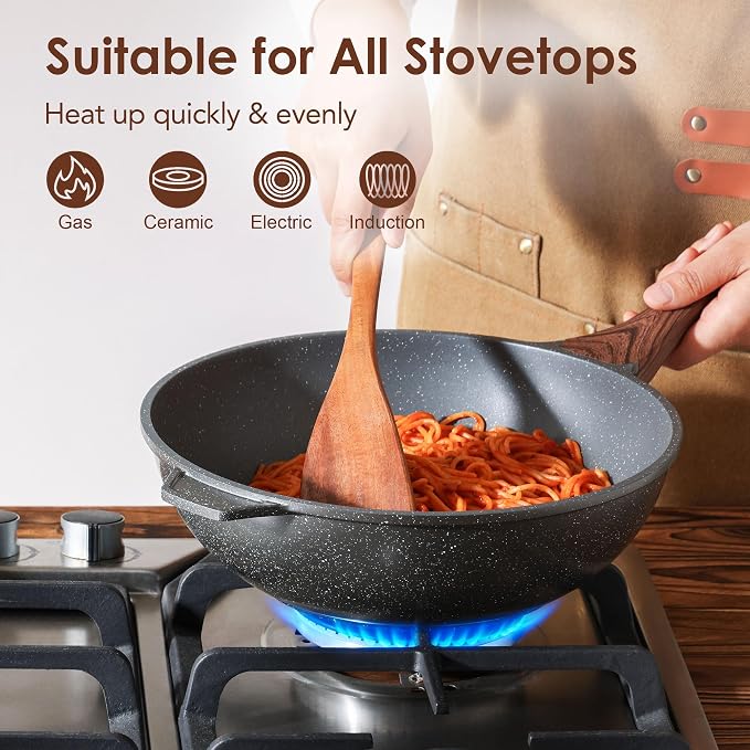 SENSARTE Nonstick Wok Pan with Lid 11Inch, Healthy Stir-fry Pan Chef's Pan | Induction Cookware, Swiss Granite Coating, Even & Fast Heating, Non stick Frying Pan Skillet, Stay-cool Handle, PFOA Free