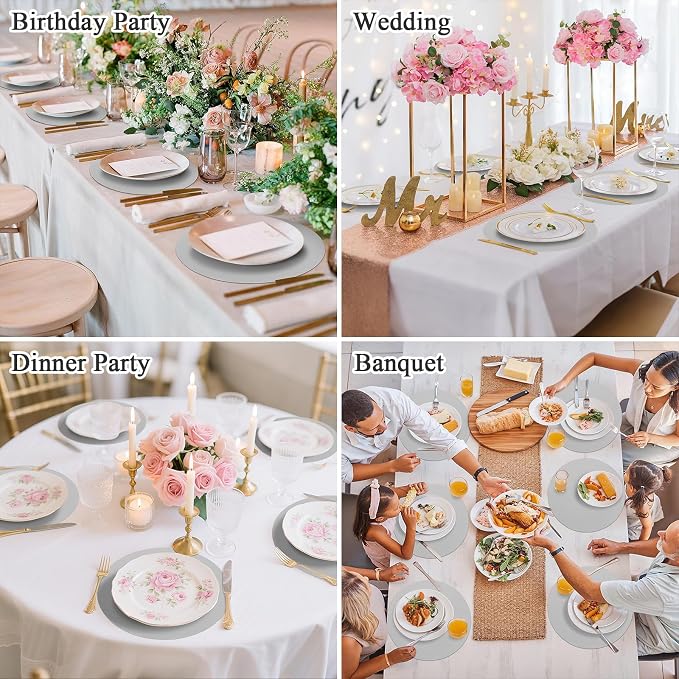 SHACOS 100 pcs Round Paper Placemats Disposable 13 inch Colored Paper Place Mats Charger for Wedding Birthday Party Bridal Baby Shower Events Table Decoration, Light Gray
