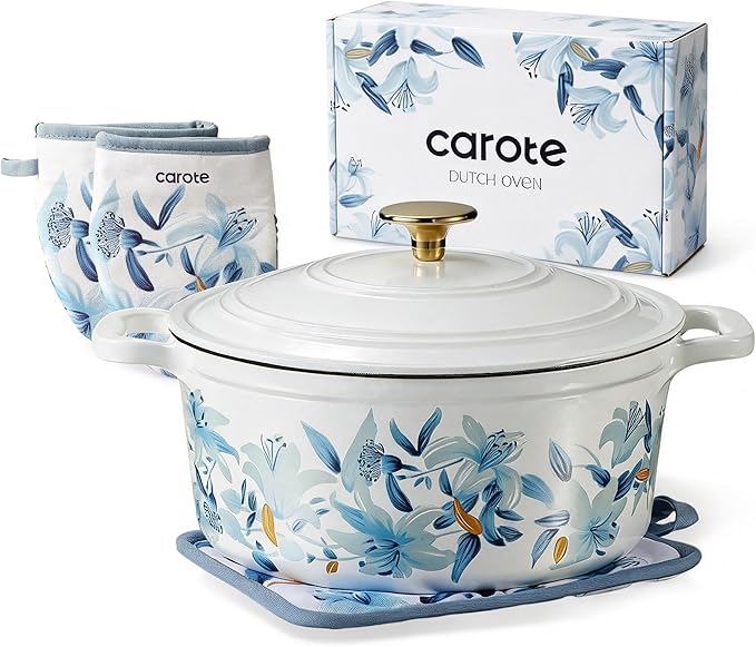 CAROTE 5QT Enameled Floral Cast Iron Dutch Oven Pot with Lid | Sourdough Bread Baking with Cotton Potholders & Oven Gloves, Gift Box, Cookware for Braising, Oven Safe up to 500° F