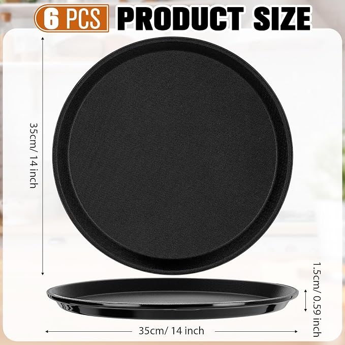 Zopeal 6 Pcs Bar Service Tray Round Plastic Non Slip,14" | For Waiter Server in Restaurant Cafeteria Bar, Raised Edges Prevent Spills, Cocktail Food Server, Textured Surface Grip